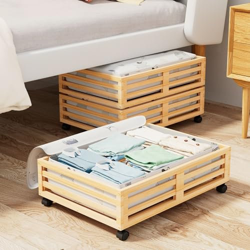 Lot de 2 boîtes de rangement sous le lit en bambou avec roulettes avec sac à poussière de grande capacité, organiseur de rangement à roulettes en bois robuste à rouler sous le lit (nature, 2 paquets