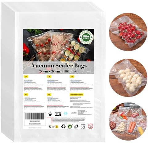 WECUTE Vakuumbeutel Lebensmittel 20x30 cm, 100 Beutel Profi-Folienbeutel für alle Vakuumiergerät und Sous Vide Gefrierbeutel, Vakuumbeutel für Lebensmittel, Einschweissbeutel, BPA-frei