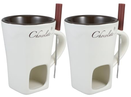 DECHOUS 2 Pack Fondue Mugs, Ceramic Chocolate Melting Cups with 2 Forks, Personal Fondue Mugs Set for Chocolate, Cheese, Butter, Ideal for Date Night, Birthday, Parties, Wedding Gift