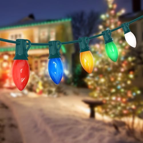 CHYSUPER C7 LED Christmas Lights - 25FT Outdoor Multicolor String Lights, Vintage Hanging Decor for Roofline, Xmas Tree, Patio, Holiday Party, Wedding, Green Wire
