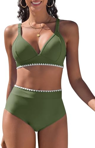 Vijamiy Bikiniset för kvinnor hög midja bikiniset två delar kvinnor badkläder baddräkt med justerbar axelrem vit spets, gRÖN, S