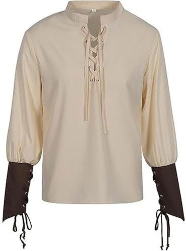 Camicia da pirata da uomo, a maniche lunghe, in lino, medievale, con lacci, colletto alto, stile gotico, steampunk, rinascimentale, stile vittoriano, stile vintage, da pirata, per Halloween