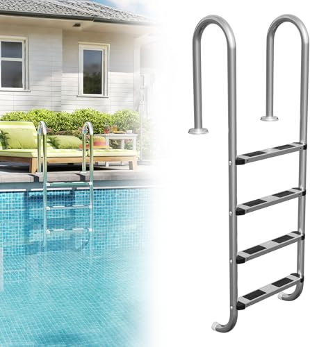 Froadp Escalera de piscina de acero inoxidable con 4 peldaños antideslizantes, 157 x 54 x 26,5 cm, para piscina de hasta 150 kg, color plateado