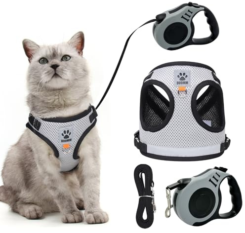 Harnais pour Chat avec Laisse Enrouleur, Réglable et Anti Fugue Harnet pour Chats, Anti-éclatement Harnais Chaton et 5m Laisse Chats Rétractables Kit, pour Chat Petit Chien (M)