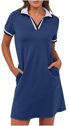 Robe polo à manches courtes et col en V avec poches pour femme - Style décontracté - Pour l'été et le sport, bleu marine, S