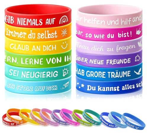 Nokwocy 24 Stück Motivationsarmbänder Kinder, 20,2cm Deutsch Silikonarmband mit Positiven Sprüchen, Motivationsarmbänder für Teens Einschulung Geschenk Abschiedsgeschenk