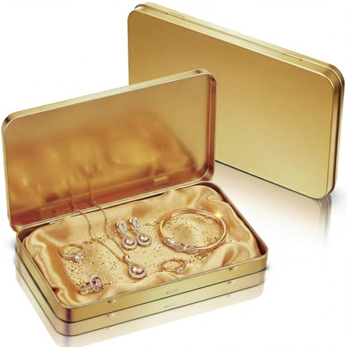 Geiserailie 2 Pack Rectangular Metal Tin Box with Lid Metal Hinged Lid Tin Empty Box Container Storage for Watercolor Jewelry Pen Eraser Pill Candy Craft Organize 7.0 x 4.2 x 0.6'' (Gold)