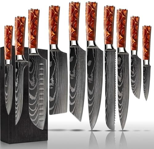 Knivblock-set, med 10 delar, handtag i harts, köksknivset med kockkniv, brödkniv, santokukniv, skalkniv, damastmönster, professionellt kockknivset i presentförpackning (Röd)