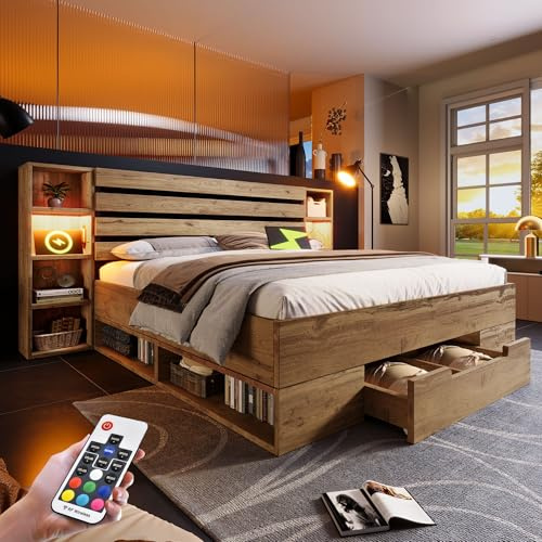 Zepneiy Lit 160x200 avec sommier et éclairage LED, Lit Coffre 160x200 avec tête de et tiroirs Rangement USB C, Cadre de en Bois, Chêne (sans Matelas)