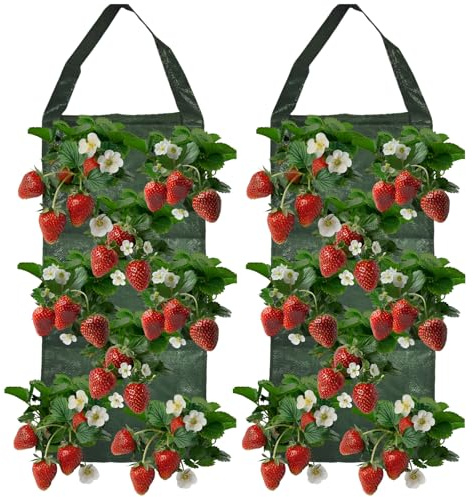 FDHBDF 2 stycken jordgubbe planteringspåse hängande 25 × 60 cm, växtväska med 8 hål, växtpåse andas med handtag för balkong, trädgård, terrass, grönsaker och blommor