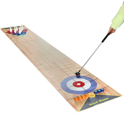 3-in-1 Tisch Curling Spiel, 360 * 57cm Tragbares Indoor Shuffleboard Spiel, Anzahl Spielern 1-8 mit 2 Puttern 8 Shuffleboards 6 Bowlingflaschen 1 Bahnmatte, für Familie, Party