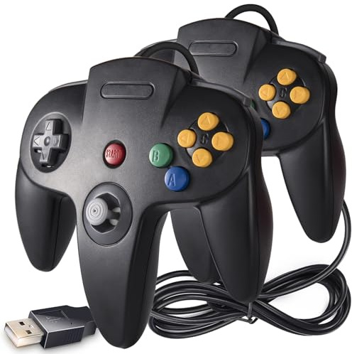 KIWITATA 2 Pack Classic N64 USB Controller, Retro N64 Wired Remote Game Pad Joystick Controller for Windows PC 7 8 11 & Mac Raspberry Pi 3 Black