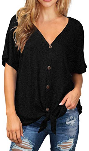 IWOLLENCE Womens Waffle Knit Tunic Blouse Tie Knot Short Sleeve Henley Tops Loose Fitting Bat Wing Shirts Black, M