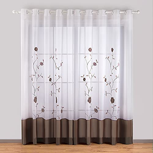 SIMPVALE 2 Stücks Sheer Vorhang Voile Blumen Stickerei Vorhänge mit Ösen Transparent Gardine Wohnzimmer Schlafzimmer Braun 140×225cm (B×H)