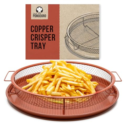Chef Pomodoro Crisper Basket and Tray Set -2 Pieces, Large Plate for Oven with Air Fryer Option, Oil-Free Cookware Pan, Full Size Oven and Air Fryer Accessories for Any Kitchen, 12.2 inches (Copper)