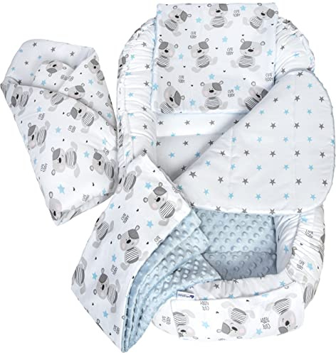 Medi Partners Babynest Nestchen Baby Set für Neugeborene - 100x60x15 Kuschelnest 5 teilig tragbar Nest zweiseitig Babynestchen Bett 100% Baumwolle (Teddybär mit Hellblauen Minky)