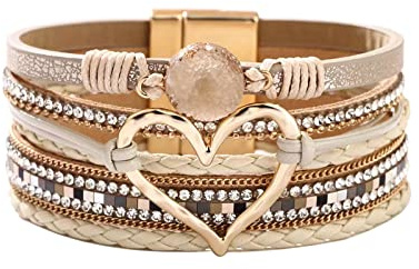 KunBead Jewelry Heart Wrap Leather Bracelets for Women Handmade Braided Boho Multilayer Magnetic Buckle Bracelet Wristband Cuff Bangle Birthday Gifts