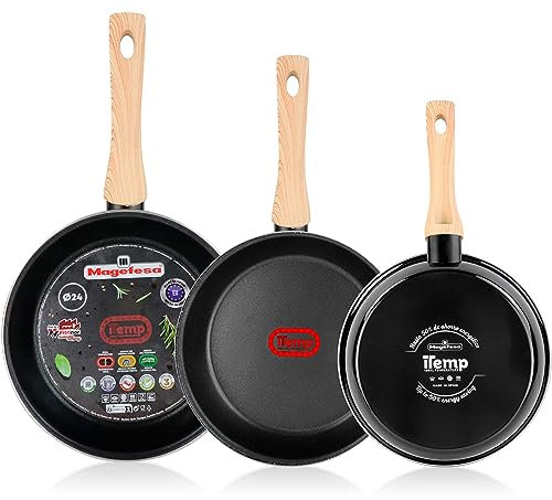 MAGEFESA Orbe Juego 3 Sartenes Inducción 20-24-26 cm, Antiadherente Libre PFOA, Mango Efecto Madera, Esmalte Exterior Negro, Diseño Moderno, Acero Vitrificado ECO