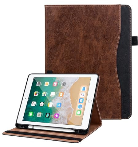 ONETHEFUL Hülle für iPad 9.7 Zoll 6. Generation 2018/5. Generation 2017 /iPad Air 1/2,Premium Pu Leder Klappständer Schutzhülle mit Stifthalter und Dokumentschlitze,Auto Schlafen/Wachen Braun