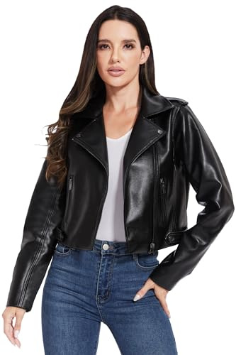 Fahsyee Faux Leather Jacket Women Bomber Biker Fashion Coat Black L