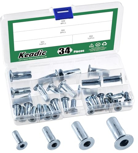 Keadic Juego de 34 piezas de remache multiagarre, M4, M5, M6, M8, cabeza plana galvanizada, ranurada, para la industria de la construcción