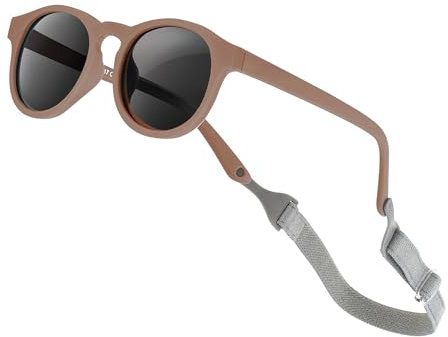 AEUNIV Baby Sonnenbrille mit Riemen, Retro Runder Rahmen Flexibel Polarisiert UV400 für Säugling Kleinkind Neugeborenen Mädchen Jungen Alter 0-24 Monate (Erde Braun)