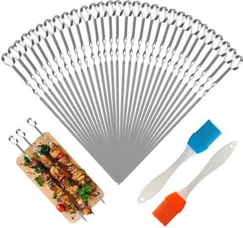 Schaschlikspieße Edelstahl, Grillspieße Edelstahl 30 Stk 30cm, Grill Spieße, Metallspieße für Fleischspieße, Kebab Spieße Spiesse Rouladenspieße, Grillspieß Mit 2 Grillbürste