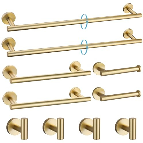 TURS Set di 10 accessori da bagno in oro spazzolato, SUS304 in acciaio inossidabile 61 cm, set di accessori da bagno rotondi da parete
