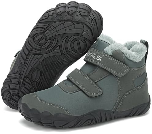 Mishansha Kinder Barfußschuhe Jungen Mädchen Warm Gefüttert Winterschuhe für Weich Leicht Winterstiefel Rutschfest Trekkingschuhe Grau 26 EU