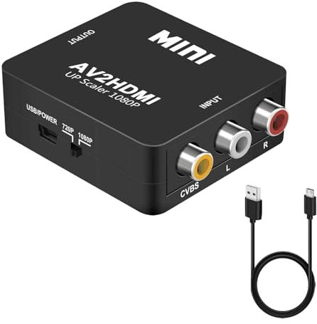 RCA auf HDMI Adapter, AV auf HDMI Adapter, Cinch auf HDMI Adapter, 1080P 60Hz Video Audio Adapter, AV Composite HDMI Konverter für VHS VCR DVD PS2 Xbox, Unterstützt PAL/NTSC, Inklusive USB Netzkabel