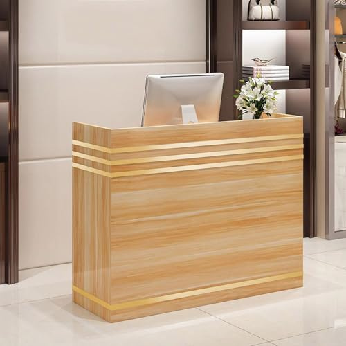 Banco reception, scrivania in legno per cassa e negozio, bancone front desk con 2 cassetti bloccabili, finiture dorate, per ufficio boutique spa (Marrone)