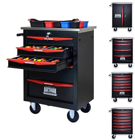 ELIHGTBY Servante d'Atelier Vide à 5 Tiroirs, Chariot d'Outils Robuste sur roulettes - Établi Mobile avec Verrouillage Centralisé, Armoire de Rangement pour Garage, Servante Atelier Noir & Rouge