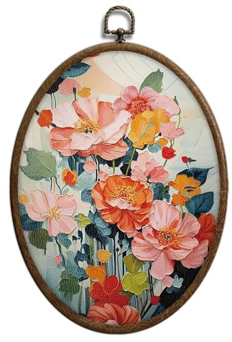 Abstract Colorful Floral Oval Wall Art, Bright Spring Flower Botanical Oval Framed Wall Art, Waterproof Cottage Core Home Decor for Western Farmhouse Bedroom Living Room, Home Retro Decor Products, 24