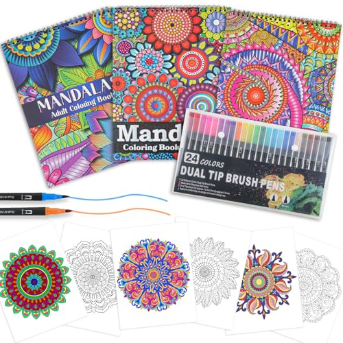 Zylota 3 Pack Mandalas Colouring Books for Adults,36 Marker Unique Mandala Pattern for Relaxation, Adults Colouring Book Spiral Bound,Relaxing Colouring Books for Women