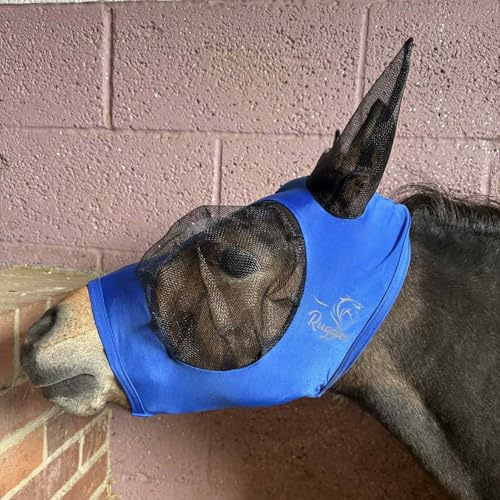 Ruggles Shetland - Máscara de mosca en miniatura con orejas, licra elástica, protección para los ojos de caballo y pony, tamaños estándar de Shetland y X-Mini (azul real, X-Mini)