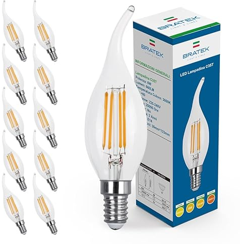 Bratek 10 Lampadine Led E14 Luce Calda Vintage a Fiamma 3000k 6W 660 Lumen - Lampadina Vintage Attacco Piccolo e14 a Filamento Led Trasparente Equivalente 75W a Incandescenza o 60w Alogena