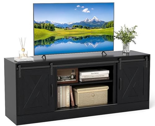COSTWAY TV Stand Cabinet for 70 Inch TVs, 150cm Farmhouse Media Entertainment Center with Sliding Barn Door and Adjustable Shelves, Wooden TV Unit Console Table for Living Room Bedroom (Black)