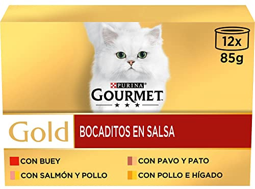 GOURMET Gold Bocaditos en Salsa, Comida Húmeda para Gato Adulto, Trocitos en Salsa, Surtido de Buey, Pavo y Pato, Salmón y Pollo y Pollo e Hígado, 8 Packs de 12 Latas de 85 g. (96 latas)