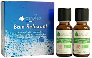 VOSHUILES - Kit de Bain Relaxant avec Huiles Essentielles BIO- Parfum Marjolaine à Coquilles et Mandarine Verte- 2x10 ml - Idéal pour Détente Après Journée Stressante