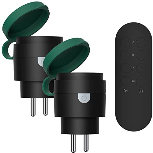 SURNICE Mini Prise Telecommande sans Fil Extérieures Programmables IP44, Portée 40 M, 2300 W, pour Décoration de Vacances, Puissance dissipée faible, All On/Off, Noir/Vert