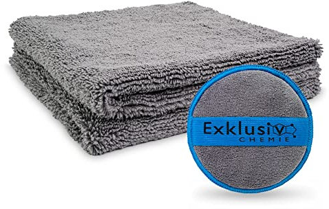 Exklusiv Chemie® 2X Randlose Mikrofasertücher Q4 620 GSM + Handpolierschwamm - 40 x 40 cm | Saugstark, Fusselfrei & Lackschonend | Extra Weiche Autopflegetücher | Poliertücher