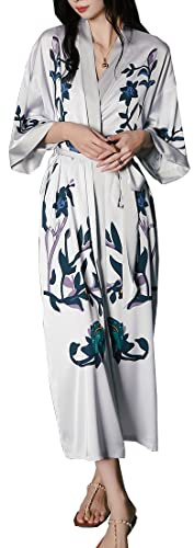 MEDUOLA Albornoces de Verano para Mujer Bata Kimono de Satén Pijama Seda Estampado con Talla Única Camisón Largo Sexy y Elegante gris claro