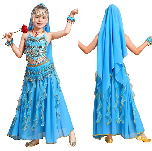 FORMIZON Bauchtanz Set für Kinder, 6-Teiliges Damen Professionel Bauchtanz Kostüm kit, Bauchtanz Kostuem Kinder Tanzkleid Karneval Kostüme Komplet Dancewear, Belly Dance Bauchtanz Kostüm (Blau, L)