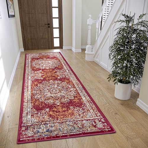 Hanse Home Maderno - Alfombra Oriental clásica densamente Tejida con Adornos, Aspecto Vintage, Pelo Corto Suave para Dormitorio, Comedor, salón, Pasillo, Rojo, 80 x 240 cm