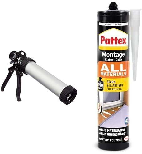 Werkzeyt B27422 Kartuschenpistole geschlossen & Pattex Montagekleber All Materials, stark haftender Alleskleber, Kleber für saugende und nichtsaugende Materialien, 1 x 450g