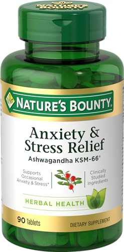 Nature's Bounty Stress Relief, Ashwagandha KSM-66, Supports Occasional Stress Relief, Dietary Supplement, 2 Tablets per Day, Vegetarian Tablets, Gluten Free, 90 Ct