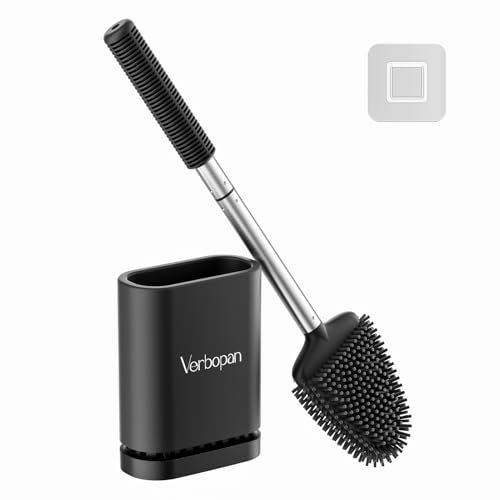 Verbopan Silikon Klobürste Inklusive BelüFtetem BehäLter: WC Bürste mit flexiblem Kopf für Toiletten Badezimmer, Langer Stiel Edelstahl Wandmontage für Hygienische(Schwarz)