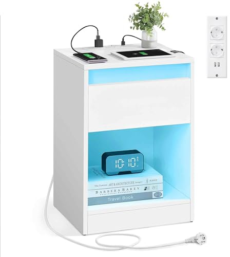 VASAGLE Nachttisch mit Einstellbarer LED-Beleuchtung, Beistelltisch mit Steckdosen, Schublade, 2 AC-Steckdosen, 2 USB-Anschlüsse, modern, für Schlafzimmer, Wohnzimmer, wolkenweiß LET618T15