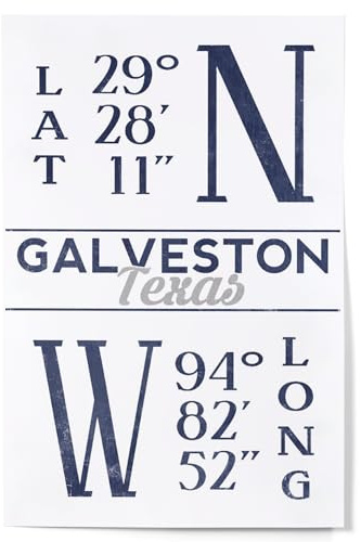 Lantern Press Galveston, Texas, Latitude and Longitude (Blue) (12x18 Art Print, Travel Poster Wall Decor)