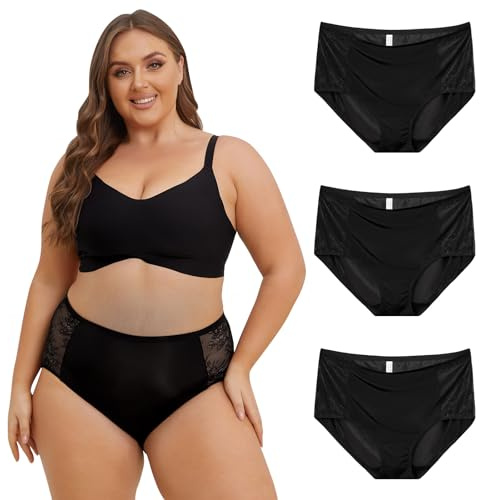 INNERSY Culotte Grande Taille Noir Dentelle Shorty Femme Taille Haute Stretch Slip Nylon Lot de 3 (52-54, Noir élégant)